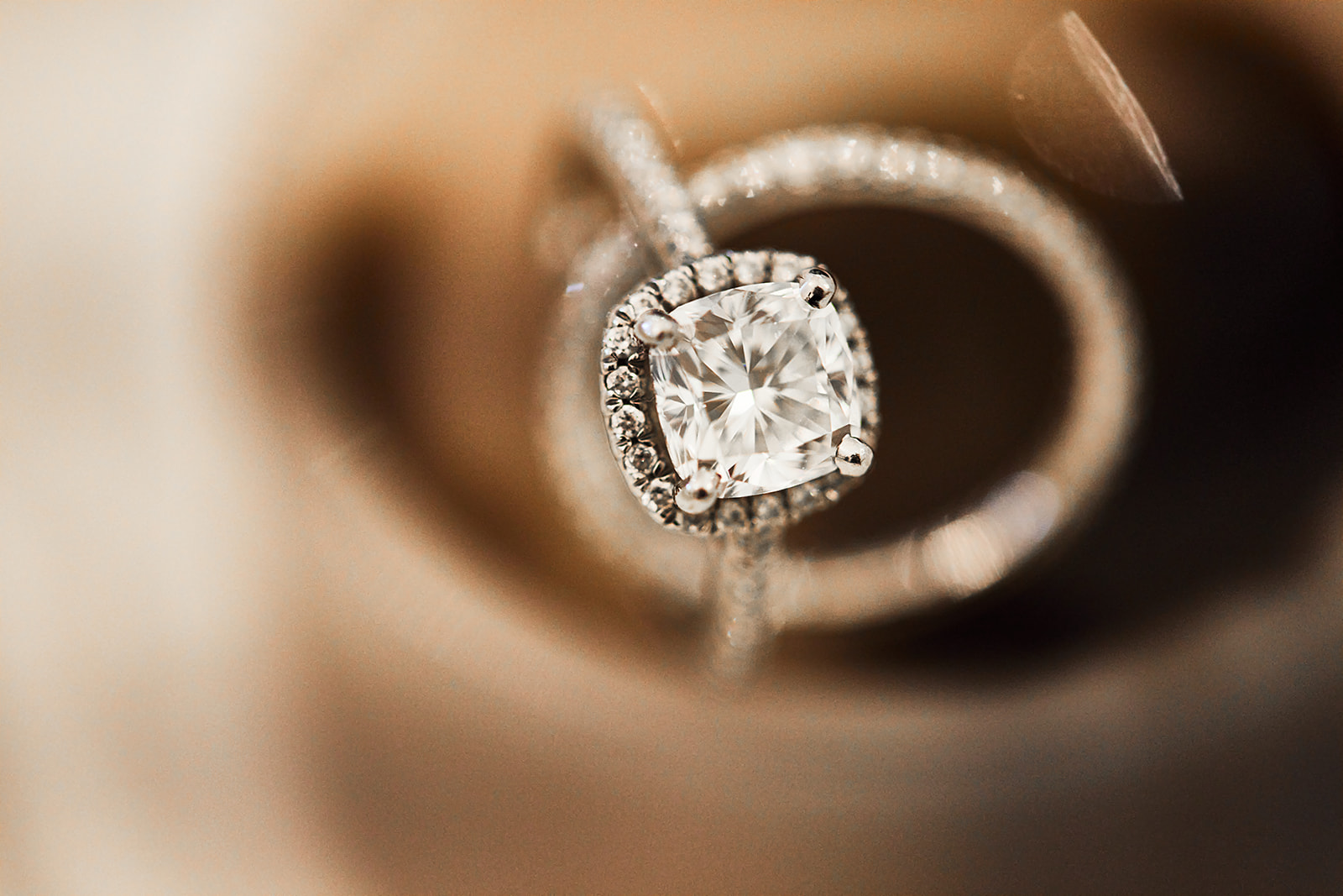Cushion cut halo engagement ring macro