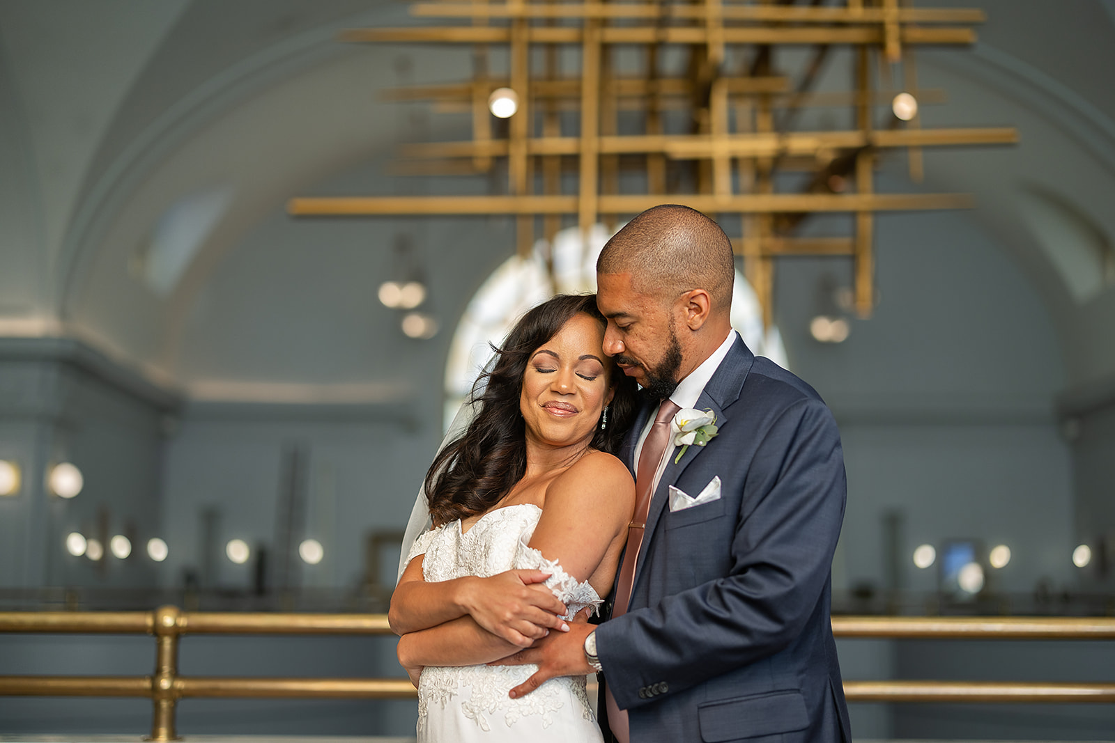 Intimate couple embrace in chapel
