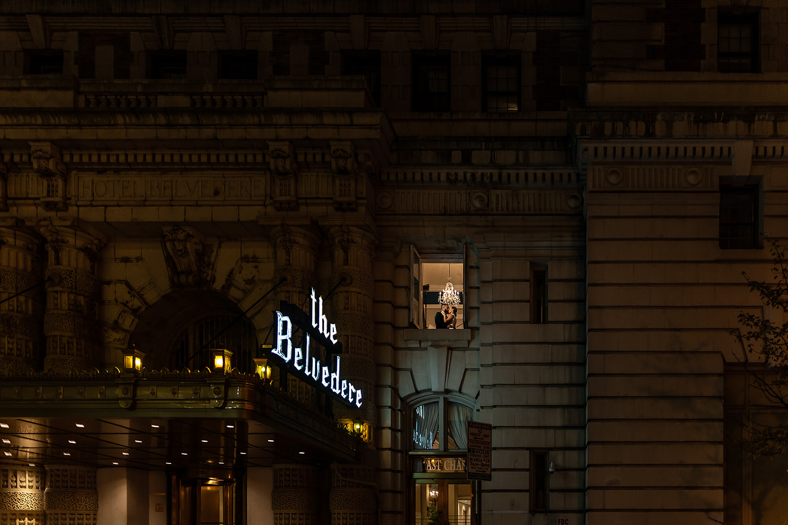 Couple at Belvedere Hotel at night