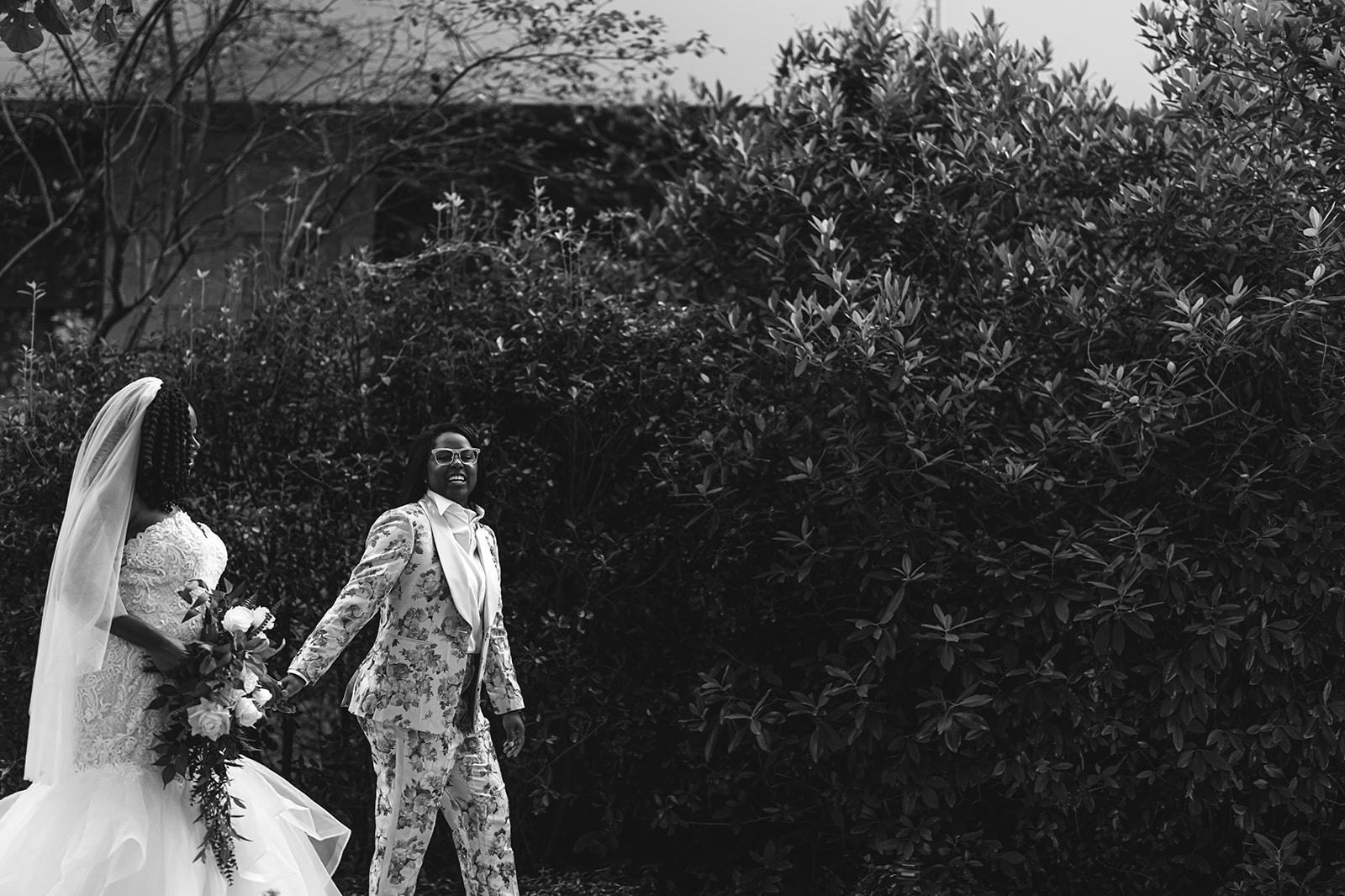 Couple candid in garden black and white