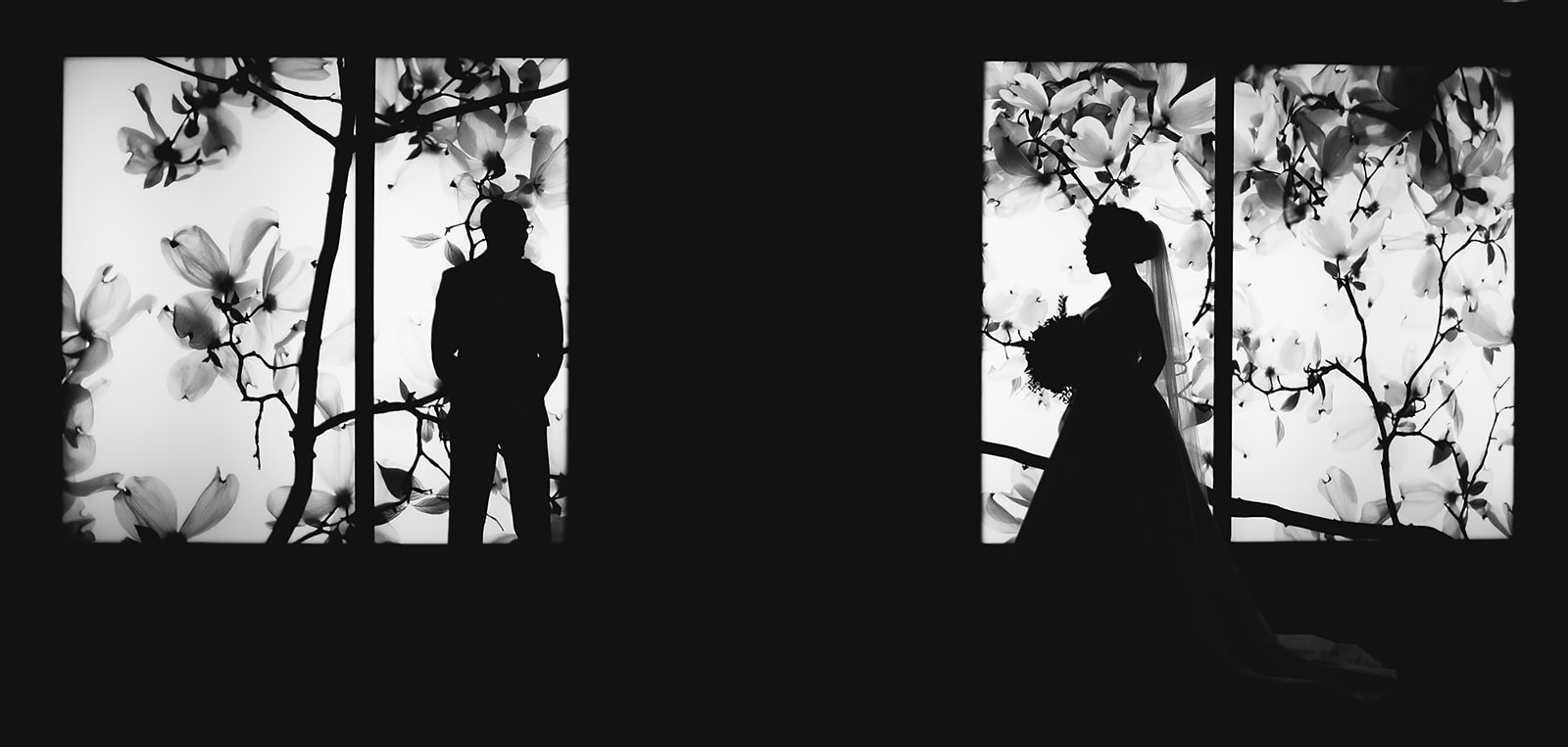 Couple silhouette through floral windows