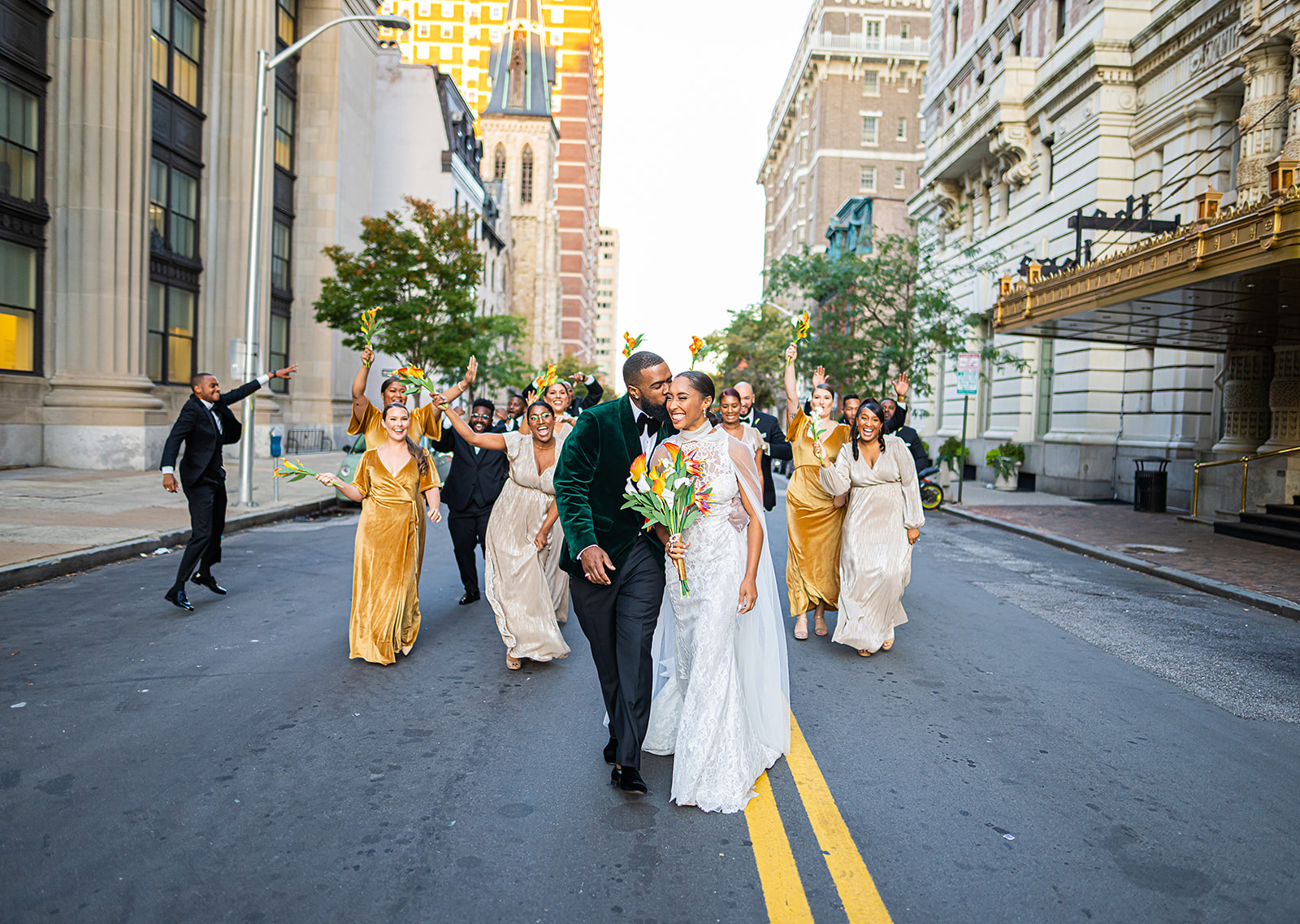 Wedding party celebration on city street