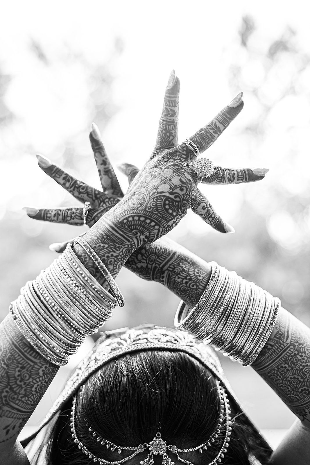 South Asian bride henna bangles overhead black and white